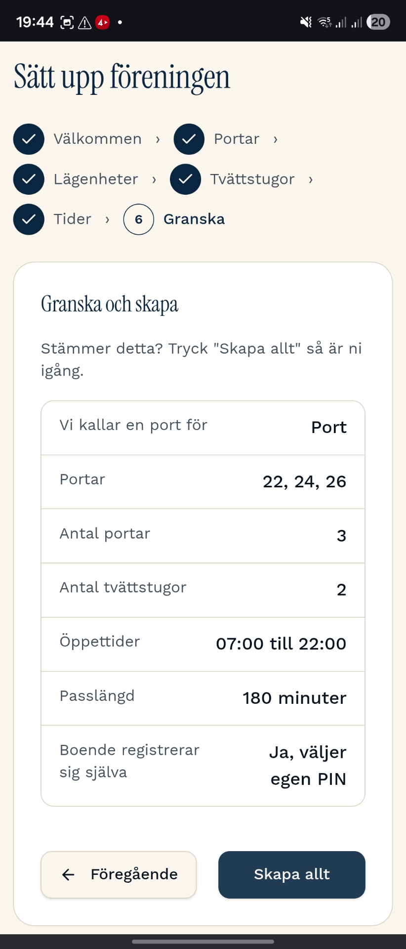 Granska inställningar innan skapa