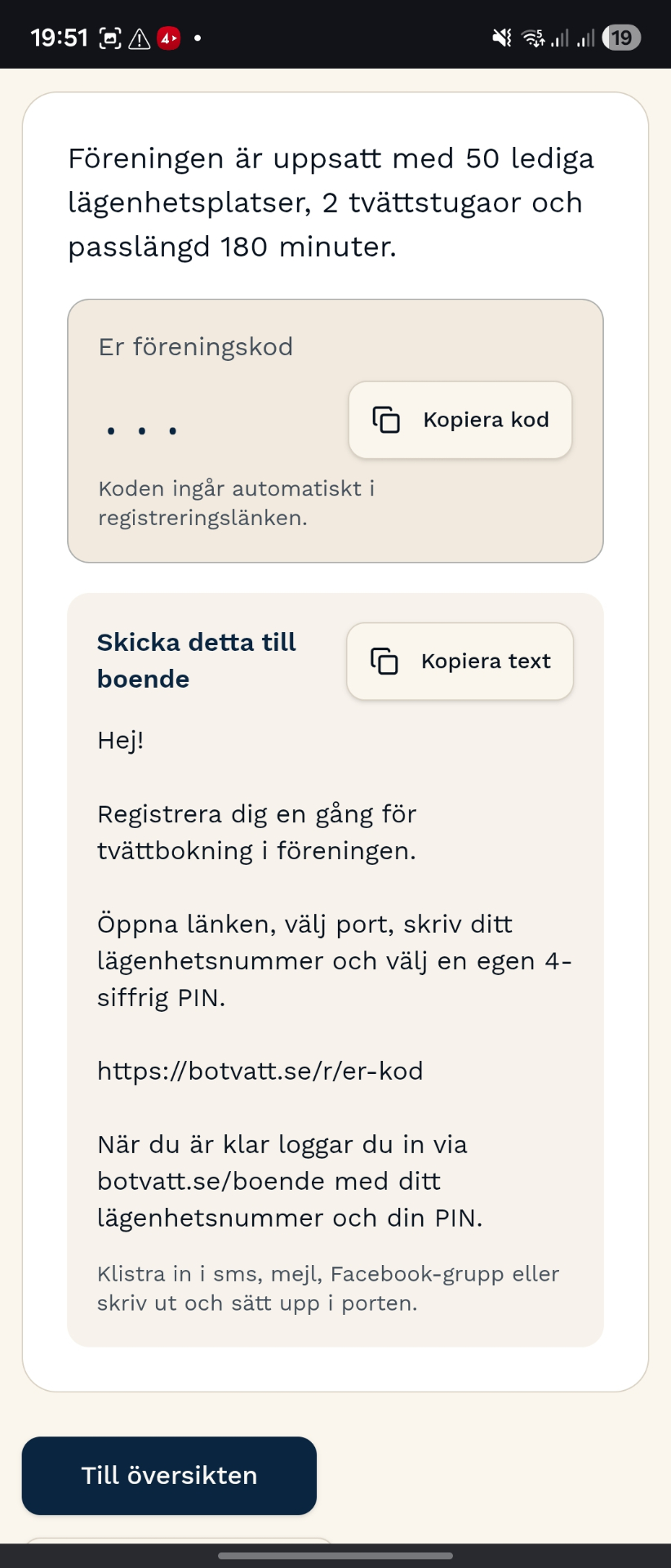 Klart, föreningskod och meddelande till boende