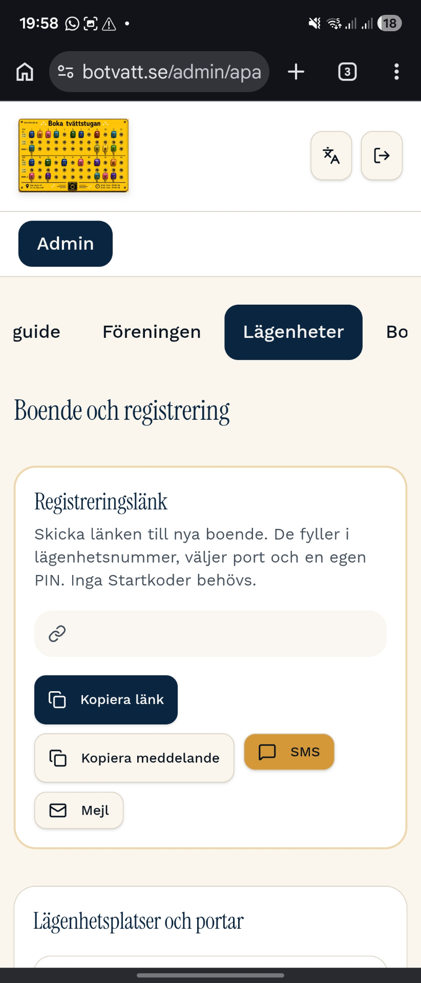 Admin, registreringslänk för boende