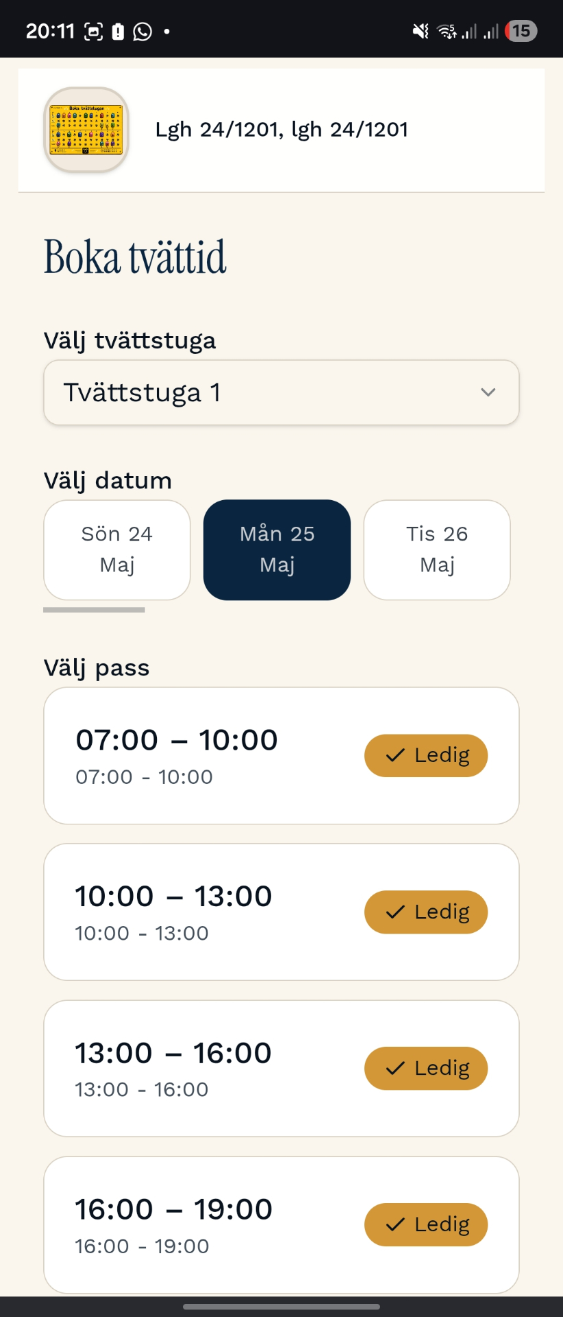 Boka tvättid, välj tvättstuga, datum och pass