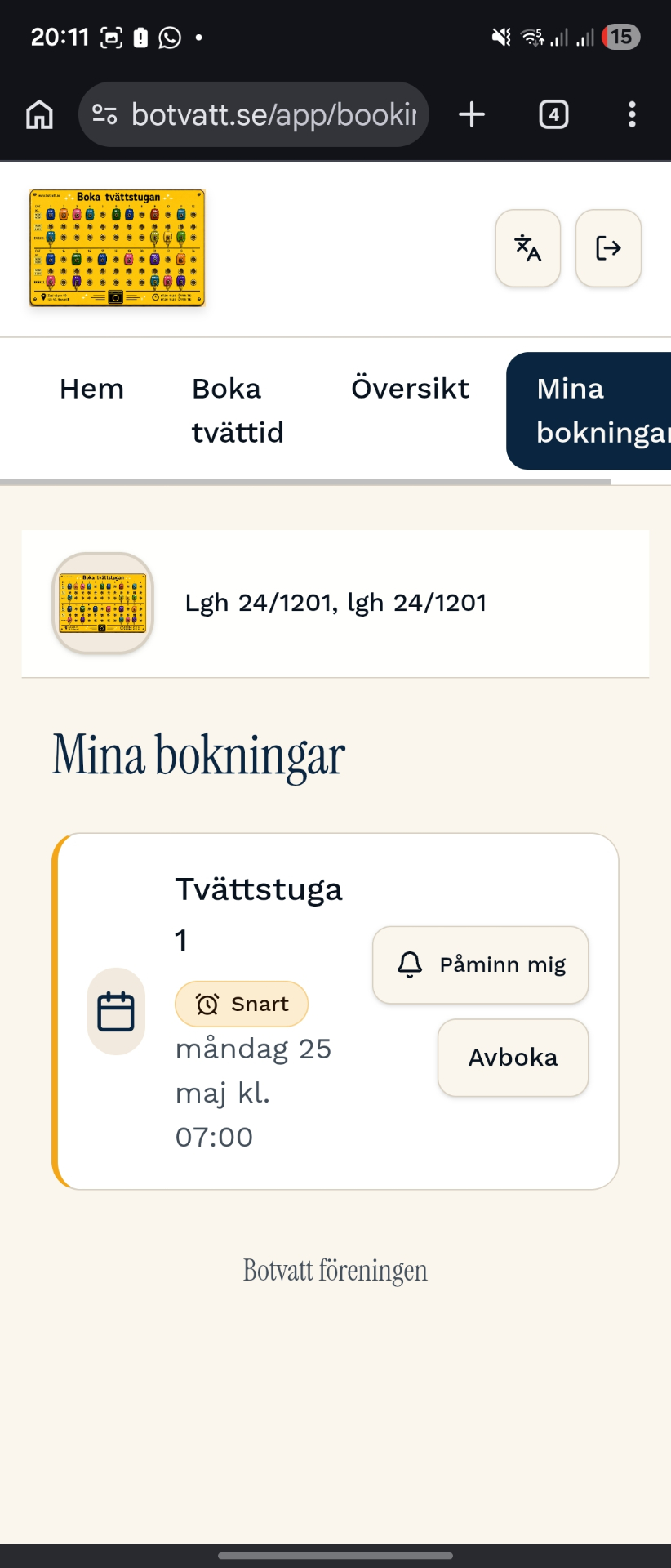 Mina bokningar med Påminn mig och Avboka