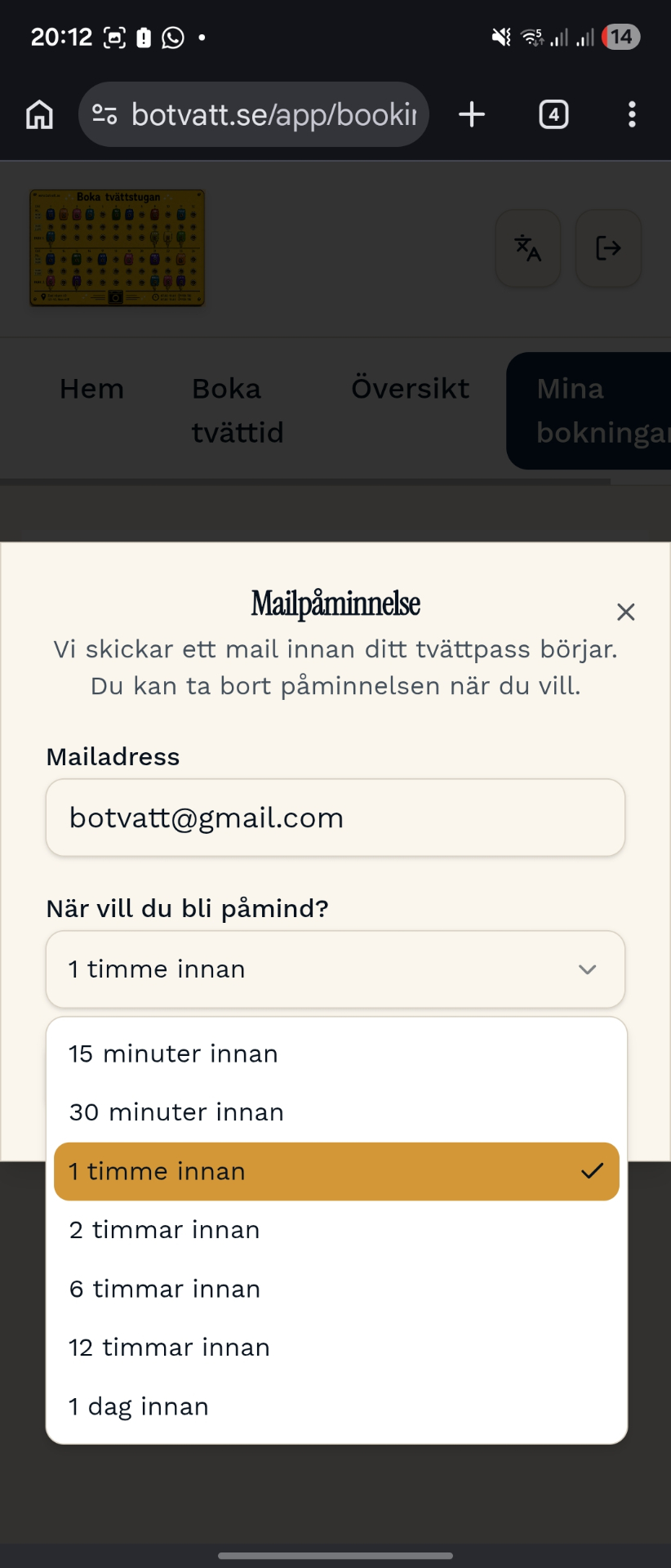 Mailpåminnelse, välj tid