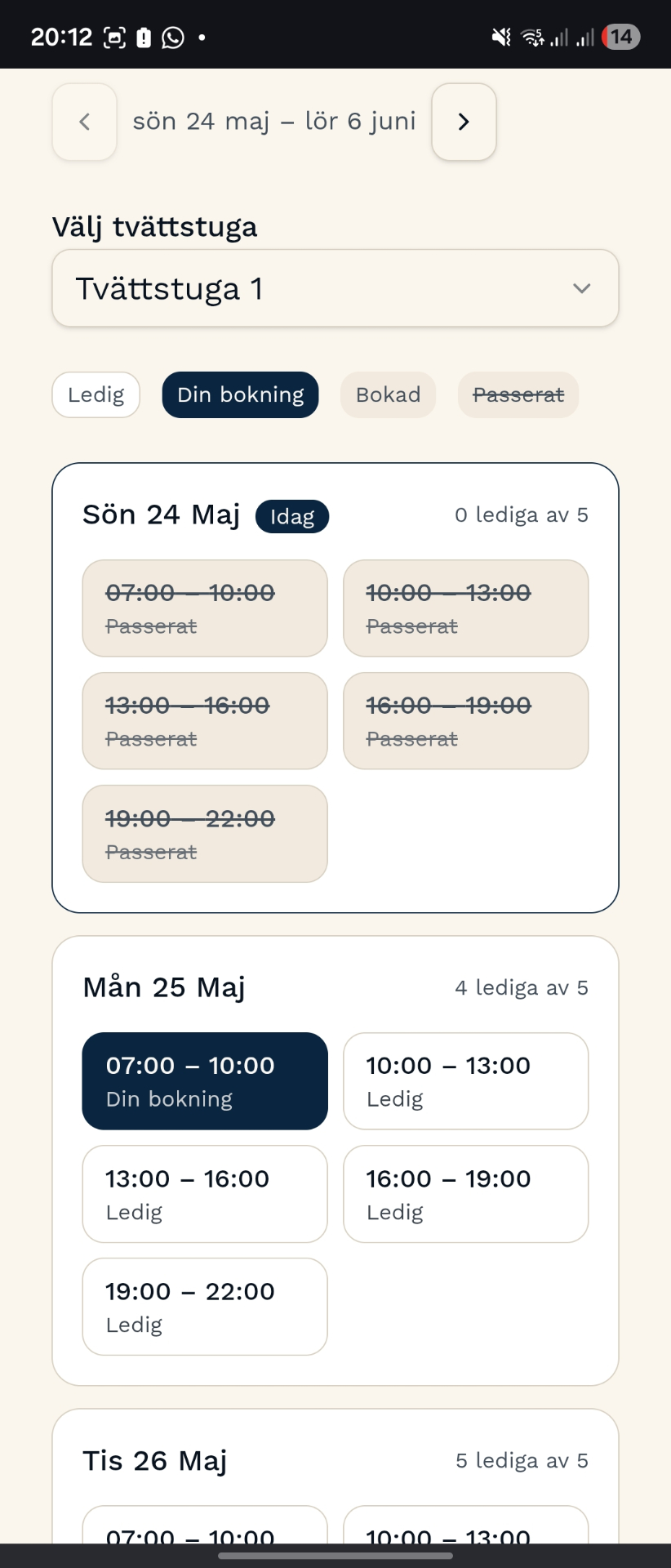 Veckoöversikt med lediga och bokade pass
